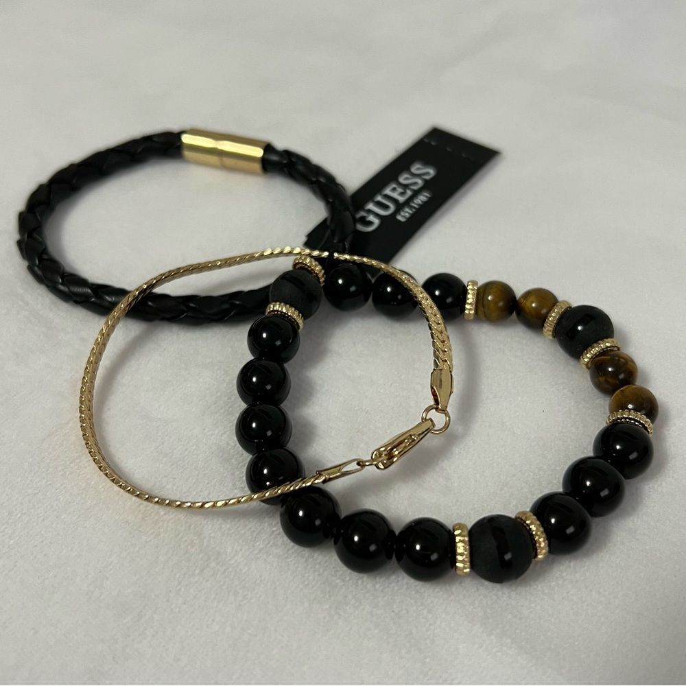 Guess Black and Gold Bracelet Trio NEW Beaded Rope Chain Link Set of Three